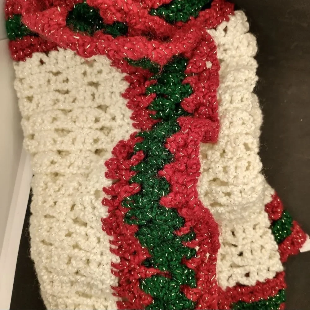Hand Crafted Table Runner Crochet Long Sparkling Rectangle 62 inch White Red